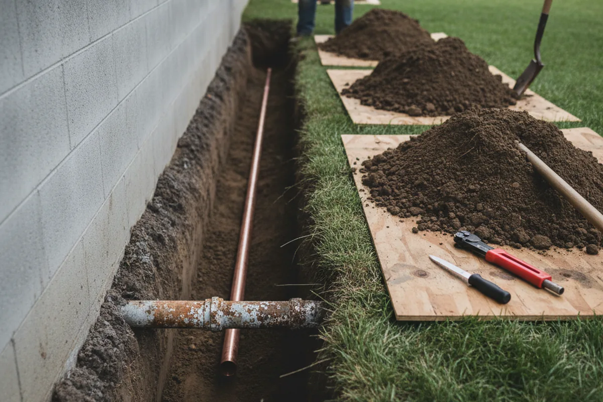 Excavated water line trench during Sewer Line Repair in Stevens